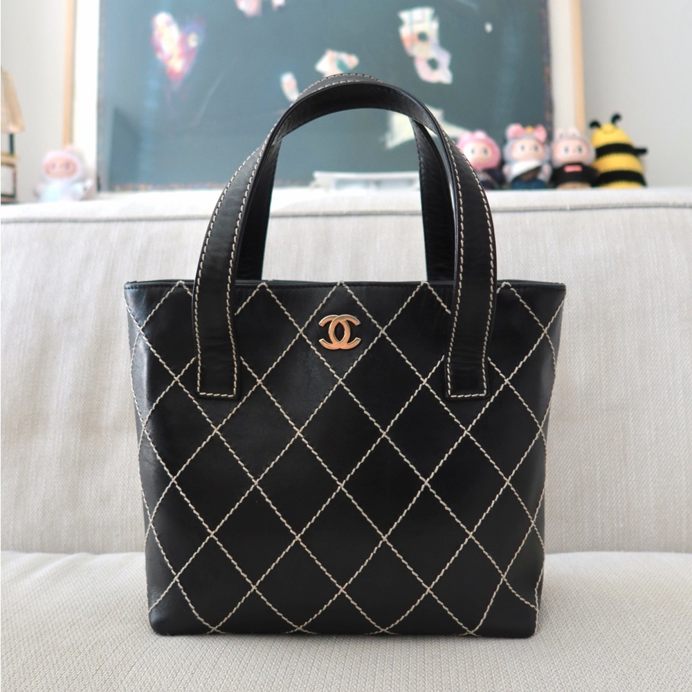 Chanel Black Quilted Leather Tote with Gold Logo